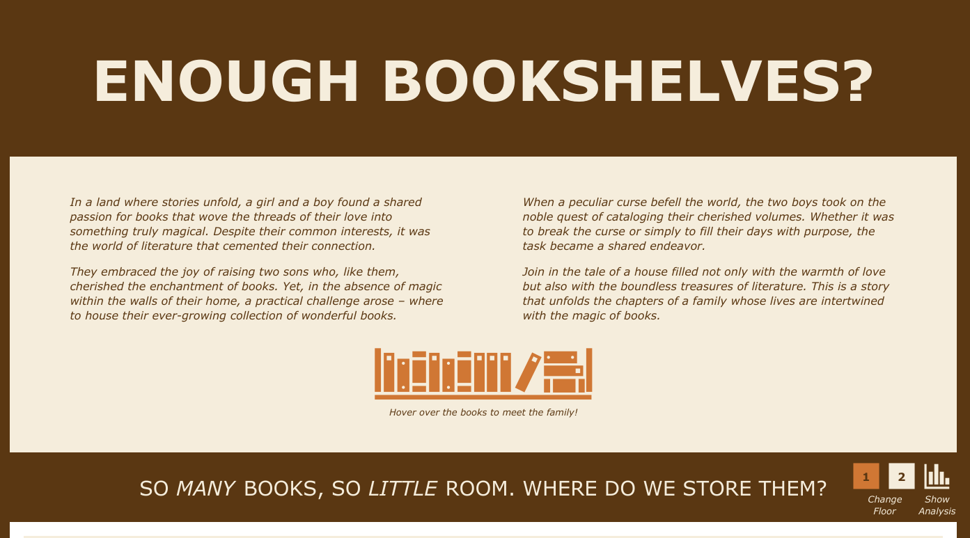Data visualization titled Enough Bookshelves: My Family’s Love of Books with orange books and dark brown border across the top and bottom